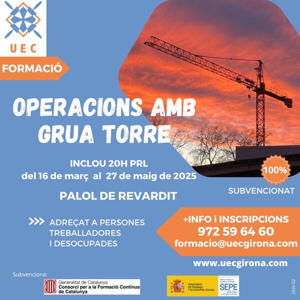 Curs d'operador de grua torre - carnet oficial. Formació 100% subvencionada