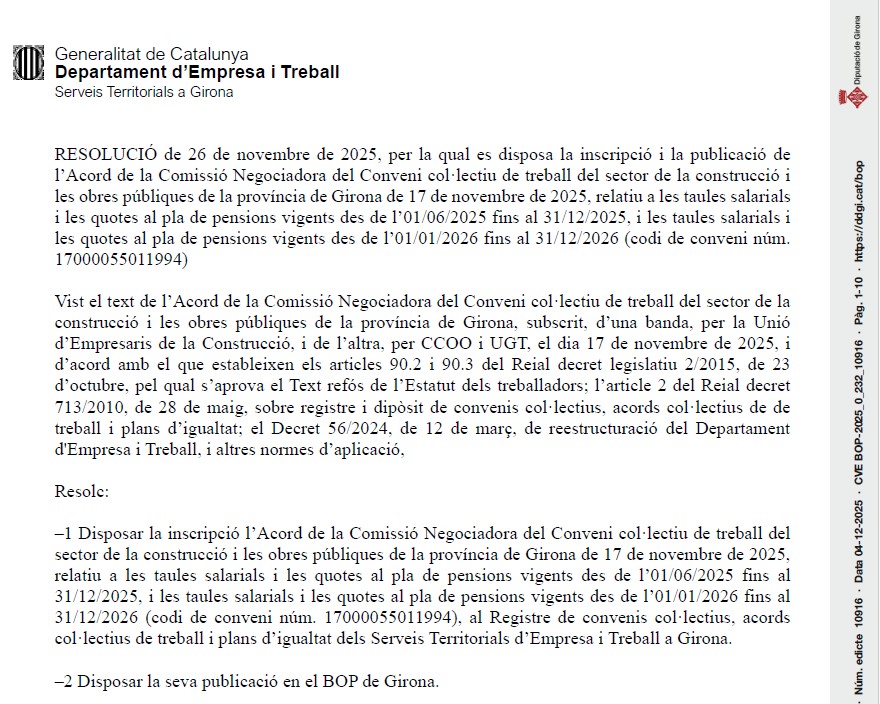 Publicades al BOP les taules salarials 2025–2026 i les quotes del pla de pensions