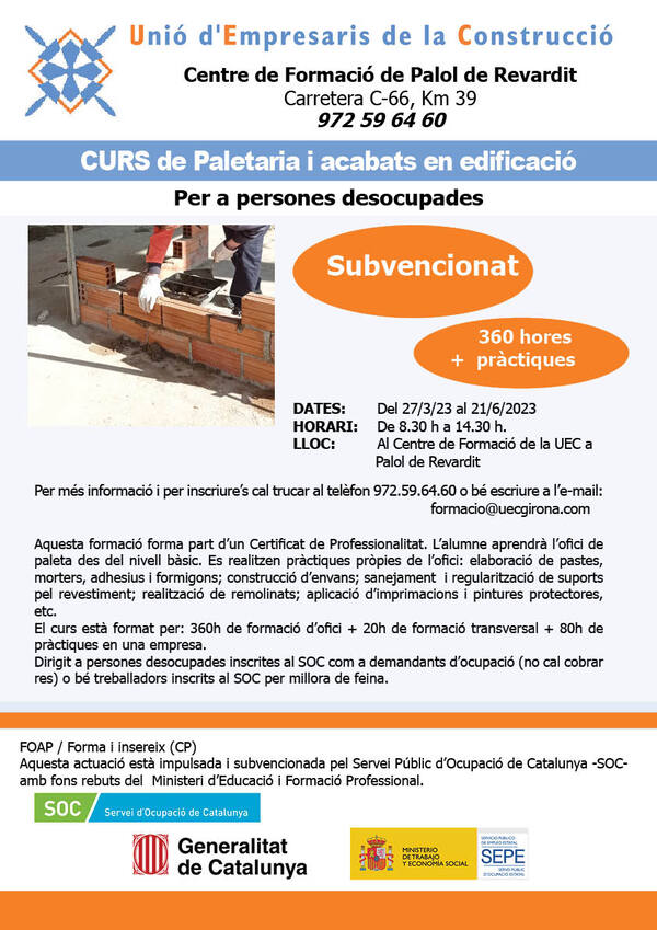 Inscripcions obertes pel curs d'operacions auxiliars de revestiments en construcció 360h